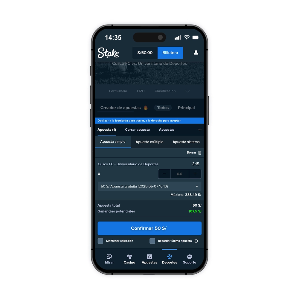 Sección apuestas de la app de Stake