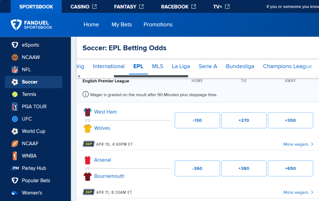 How to bet on FanDuel
soccer betting odds