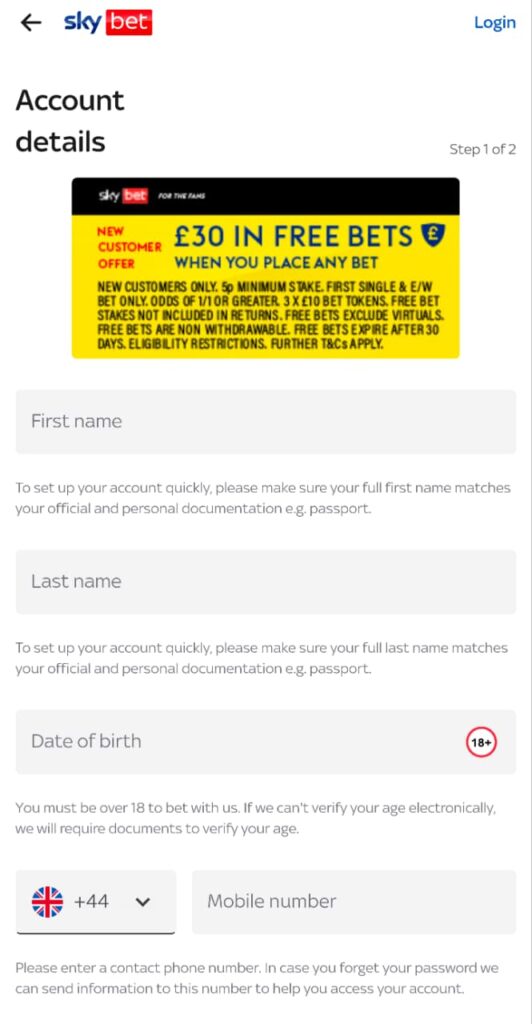 Sky bet Registration form on mobile