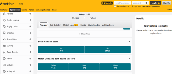 betfair premier league bets page