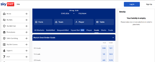 sky bet premier league bets page