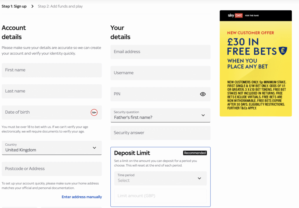 sky bet registration form