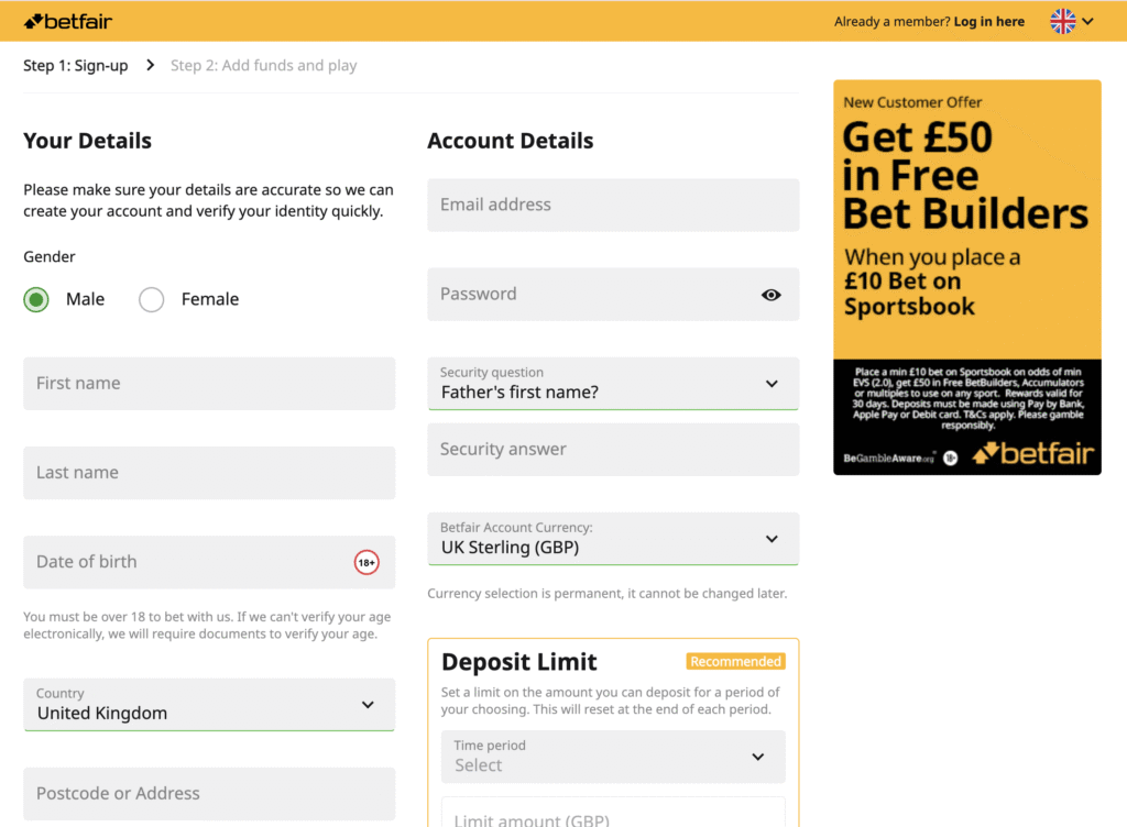 betfair registration form