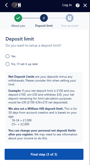 William Hill Registration
deposit limit orientation