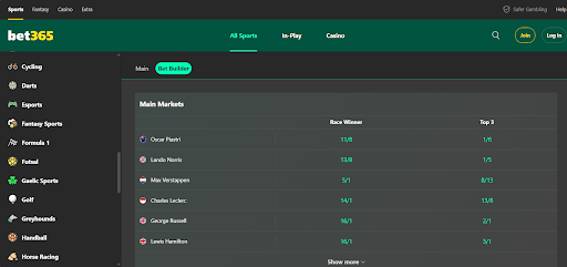 bet365 F1 betting screen