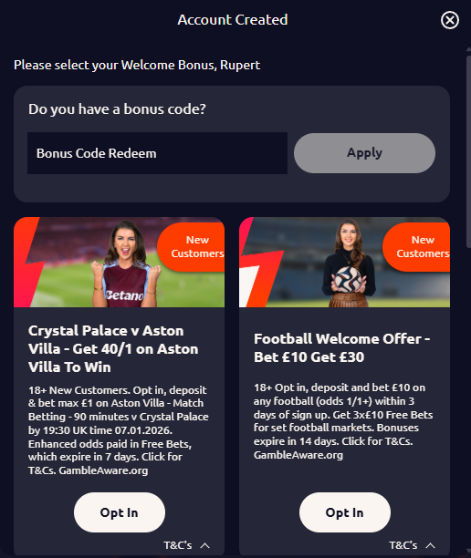 Betano account created