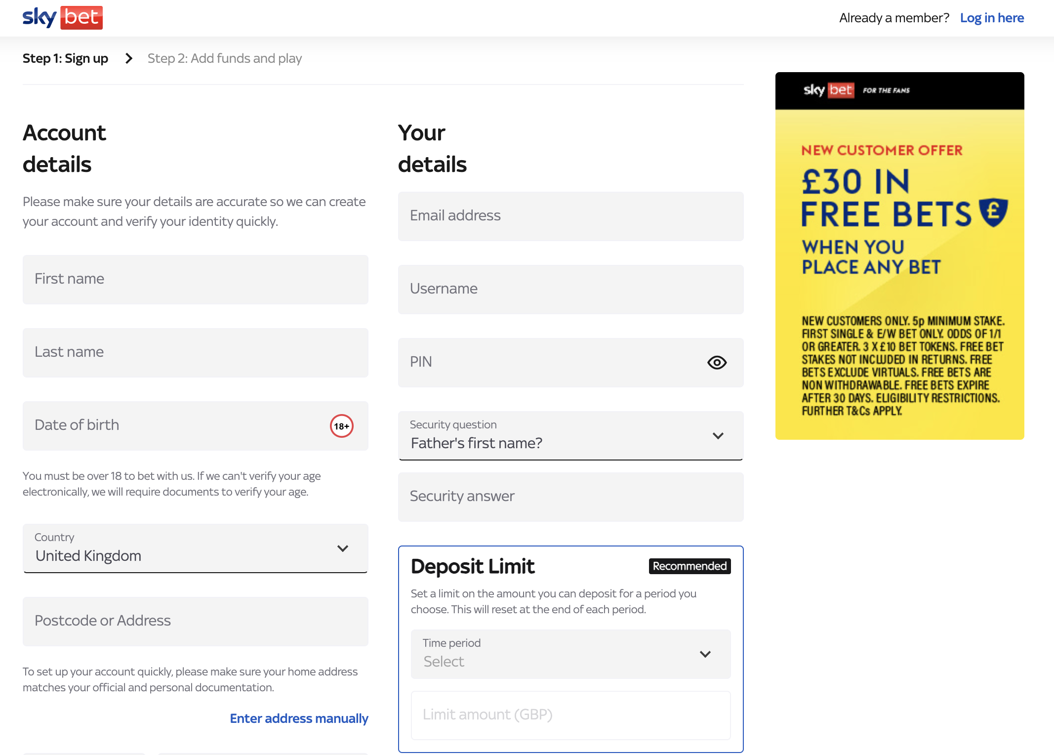 skybet welcome offer & registration form