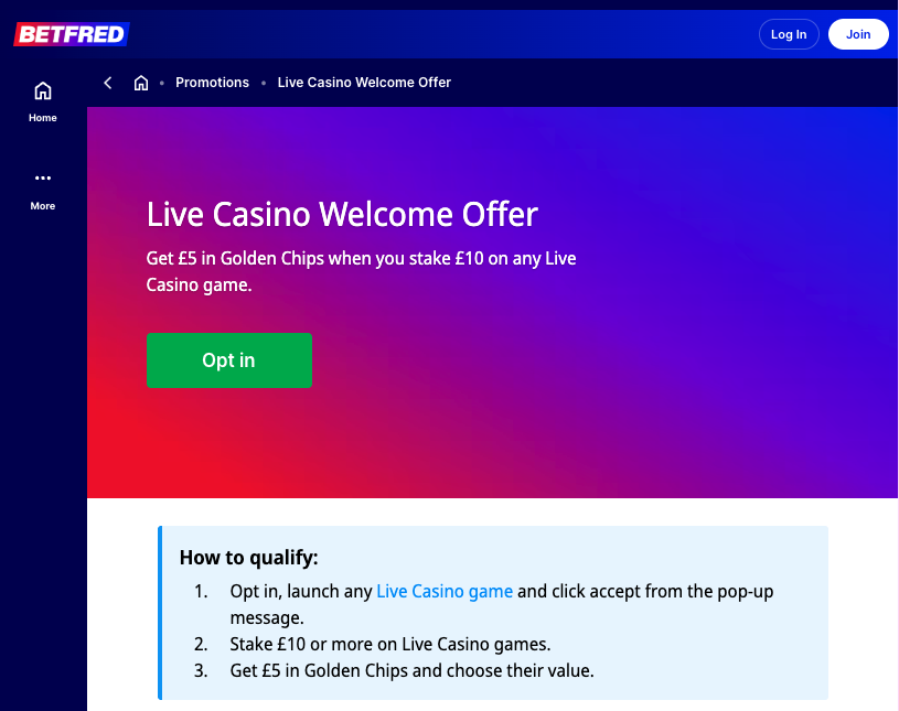 live casino sign up offer