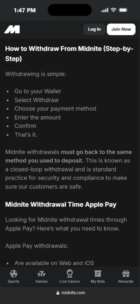 Midnite Withdrawal Time by Payment Method